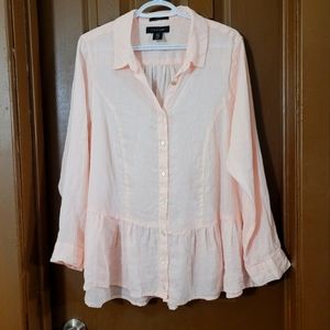 TAHARI blush pink 100% linen long sleeve peplum shirt